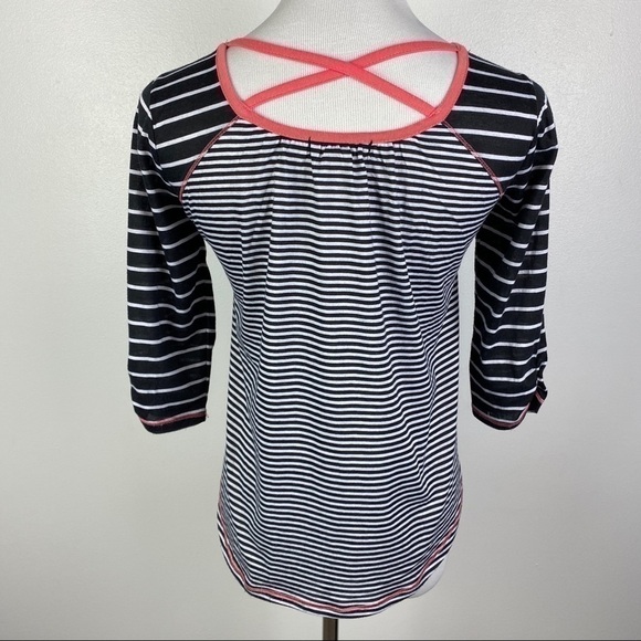 Self Esteem Criss Cross Back T-Shirt Women's Junior XL Black White Striped - Picture 2 of 8